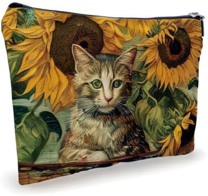 Animals Makeup Bag - Cat In The Garden - Sunflower & Cat Drawing Theme Cosmetic Bag, Toiletry Bag, Gift For Girls, Besties, Personal Care & Accessories - A25