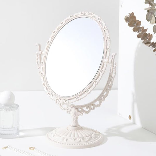 AKOAK 1 Pack Desktop Makeup Mirror, Oval Desk Makeup Mirror, Double-Sided 360-degree Rotating Makeup Mirror Bathroom Bedroom Makeup Mirror, Travel Mirror Suitable for Women (Beige)