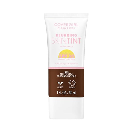 COVERGIRL Clean Fresh Blurring Skin Tint with SPF 30, 465 Deep Neutral, Liquid Foundation, Soft Matte Finish, Smooths, Brightens, Blurs Pores, Mineral Sunscreen, Vegan Formula