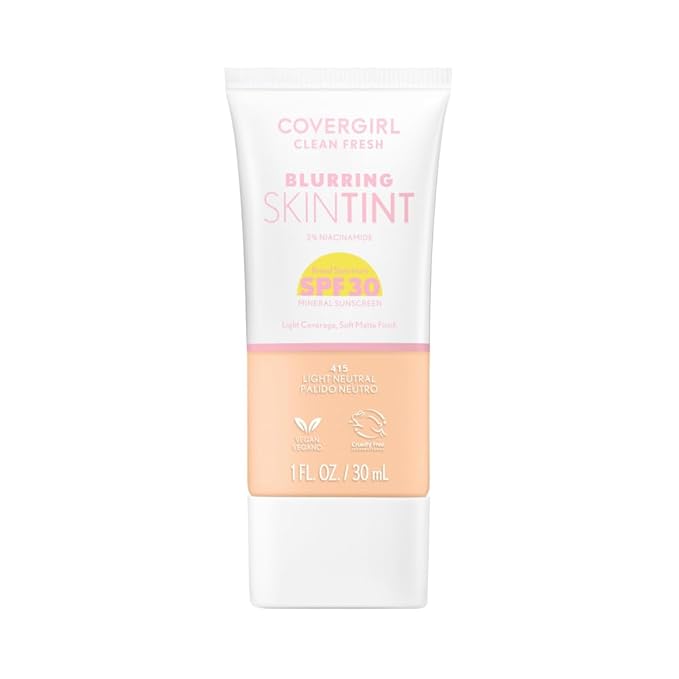 COVERGIRL Clean Fresh Blurring Skin Tint with SPF 30, 415 Light Neutral, Liquid Foundation, Soft Matte Finish, Smooths, Brightens, Blurs Pores, Mineral Sunscreen, Vegan Formula