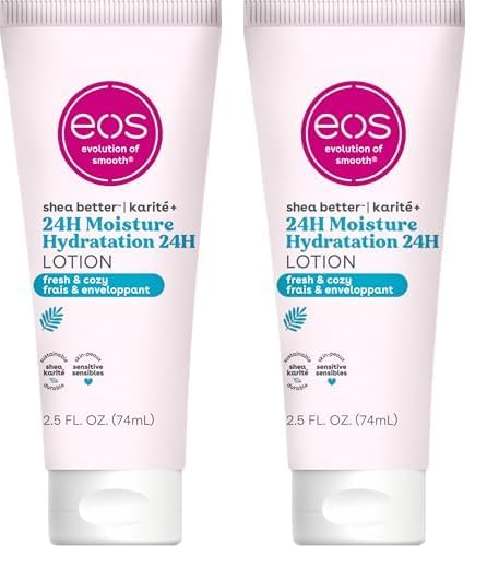 eos 24H Moisture Travel Body Lotion- Fresh & Cozy, Travel Size Essential, Toiletries, Mini Body Lotion, 2.5 fl oz (Pack of 2)