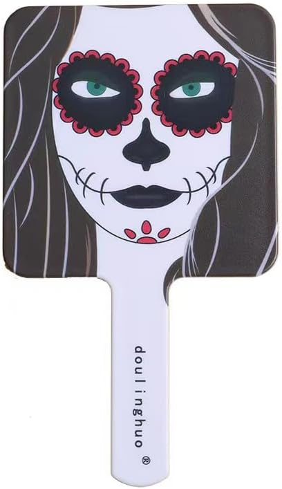 2Pcs Creative Hand Held Makeup Mirror with Printed Skull Makeup Mirror for Women,Girls, Square