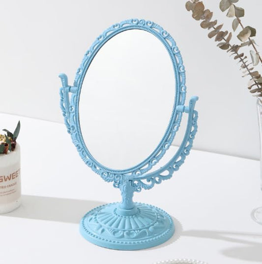 AKOAK 1 Pack Desktop Makeup Mirror, Oval Desk Makeup Mirror, Double-Sided 360-degree Rotating Makeup Mirror Bathroom Bedroom Makeup Mirror, Travel Mirror Suitable for Women (Blue)