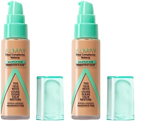 Almay Clear Complexion Acne Foundation Makeup with Salicylic Acid - Lightweight, Medium Coverage, Hypoallergenic, Fragrance Free, for Sensitive Skin, 700 True Beige, 1 fl oz. (Pack of 2)