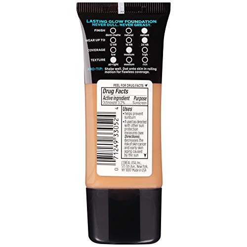 L'Oreal Paris Makeup Infallible Up to 24HR Pro-Glow Foundation, Caramel Beige, 1 fl oz.