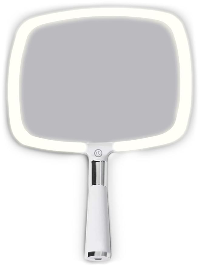 MIRRORVANA® Lighted Travel Hand Mirror with Comfy Handle and Detachable Stand - Portable, Thin and Lightweight Design - Rechargeable with 3 LED Light Settings - 9" x 13" (White)