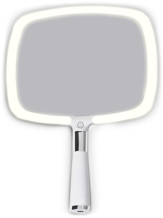 MIRRORVANA® Lighted Travel Hand Mirror with Comfy Handle and Detachable Stand - Portable, Thin and Lightweight Design - Rechargeable with 3 LED Light Settings - 9" x 13" (White)