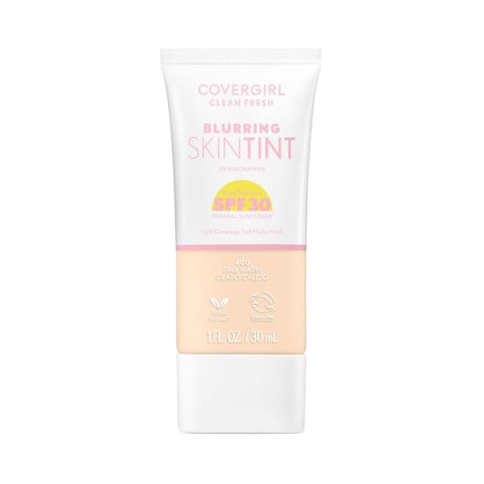 COVERGIRL Clean Fresh Blurring Skin Tint with SPF 30, 400 Fair Warm, Liquid Foundation, Soft Matte Finish, Smooths, Brightens, Blurs Pores, Mineral Sunscreen, Vegan Formula