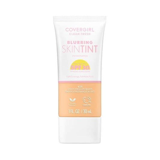COVERGIRL Clean Fresh Blurring Skin Tint with SPF 30, 425 Light/Medium Warm, Liquid Foundation, Soft Matte Finish, Smooths, Brightens, Blurs Pores, Mineral Sunscreen, Vegan Formula