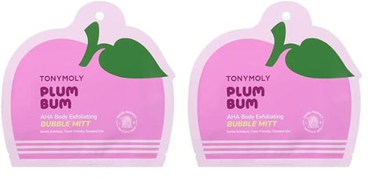 TONYMOLY Plum Bum AHA Exfoliating Bubble Mitt – Single-Use Korean Body Scrub with Glycolic Acid, Peptides & Plum Extract for Smooth, Refreshed Skin – 1.2 oz (Pack of 2)