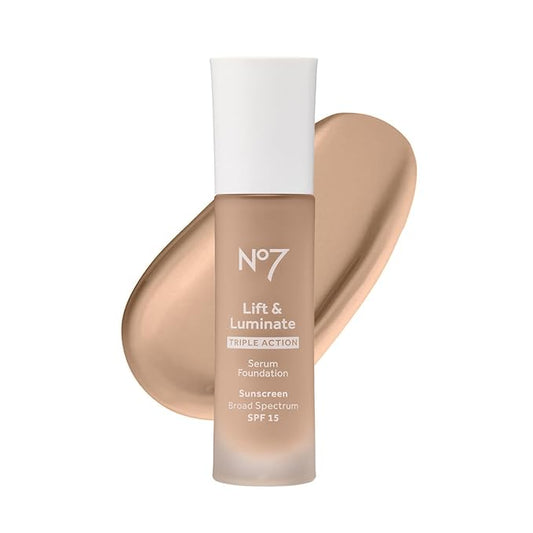 No7 Lift & Luminate Triple Action Serum Foundation - Liquid Makeup with SPF 15 for a Dewy, Glowy Base - Radiant Formula for Mature Skin - Cool Ivory (1 Fl Oz)