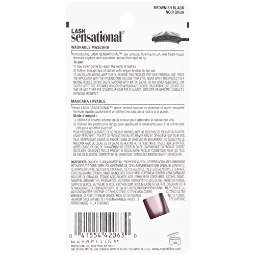 Maybelline Lash Sensational Washable Mascara, Lengthening and Volumizing for a Full Fan Effect, Brownish Black, 1 Count