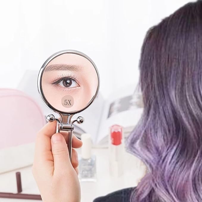 1X/5X Handheld Mirror, Tabletop Mount, Modern Personal Compact Travel Mirror, Silver Frameless, 5.7"L x 3.5"W