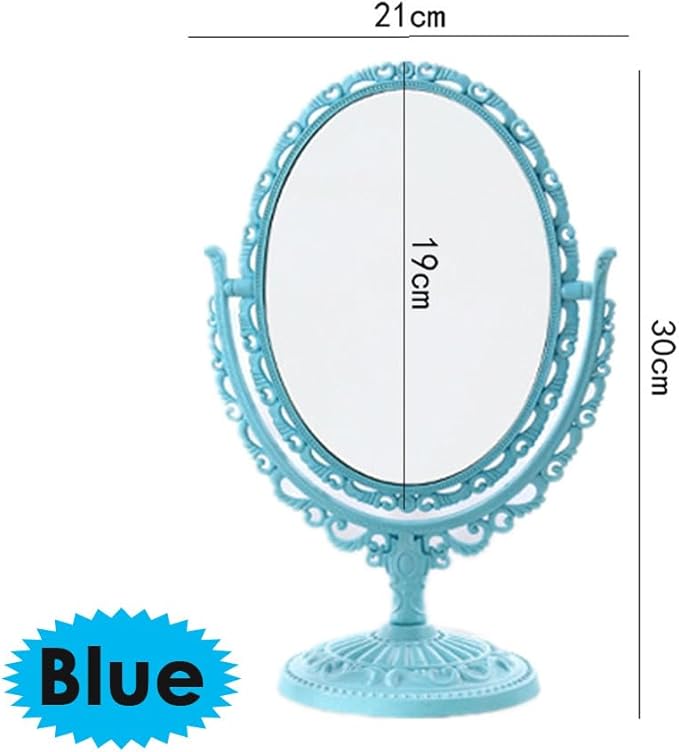 AKOAK 1 Pack Desktop Makeup Mirror, Oval Desk Makeup Mirror, Double-Sided 360-degree Rotating Makeup Mirror Bathroom Bedroom Makeup Mirror, Travel Mirror Suitable for Women (Blue)