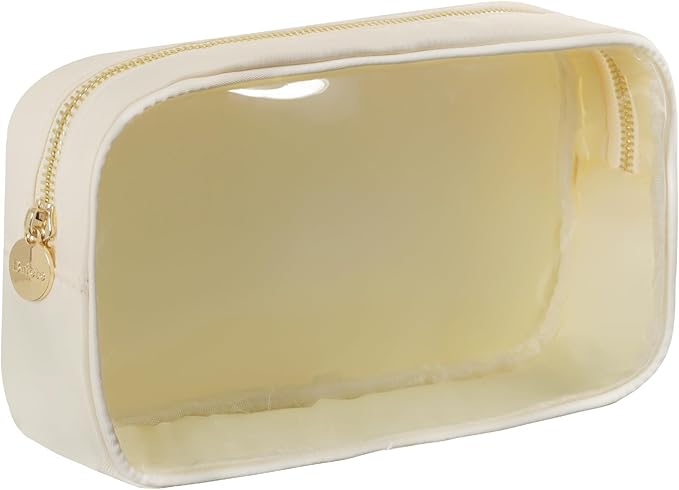 Medium Preppy Transparent Makeup Pouch Women Travel Clear TPU and Nylon Cosmetic Pouch (Medium, Beige)