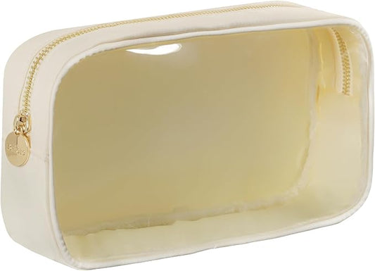 Medium Preppy Transparent Makeup Pouch Women Travel Clear TPU and Nylon Cosmetic Pouch (Medium, Beige)