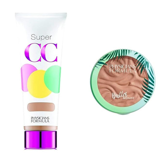 Physicians Formula Super CC Color-Correction + Care CC Cream, Light/Medium 1.2 Ounces, SPF 30 with Murumuru Butter Bronzer, 0.38 Ounce