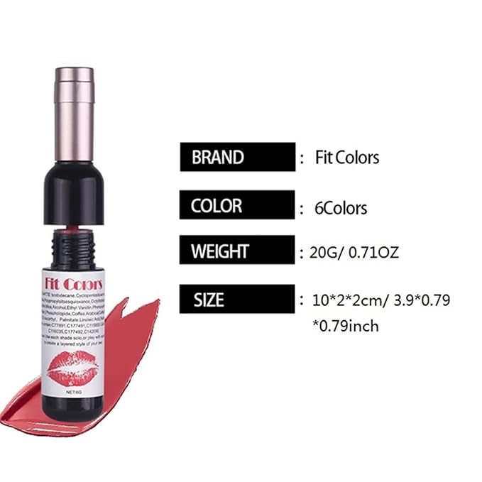 BONNIE CHOICE 6 Colors Wine Bottle Lip Tint Stain Set, Waterproof Long Lasting 24 Hour Wine Bottle Red Matte Lip Stain Non-stick Cup Lip Gloss Matte Liquid Lipstick Mini Makeup Set for Women