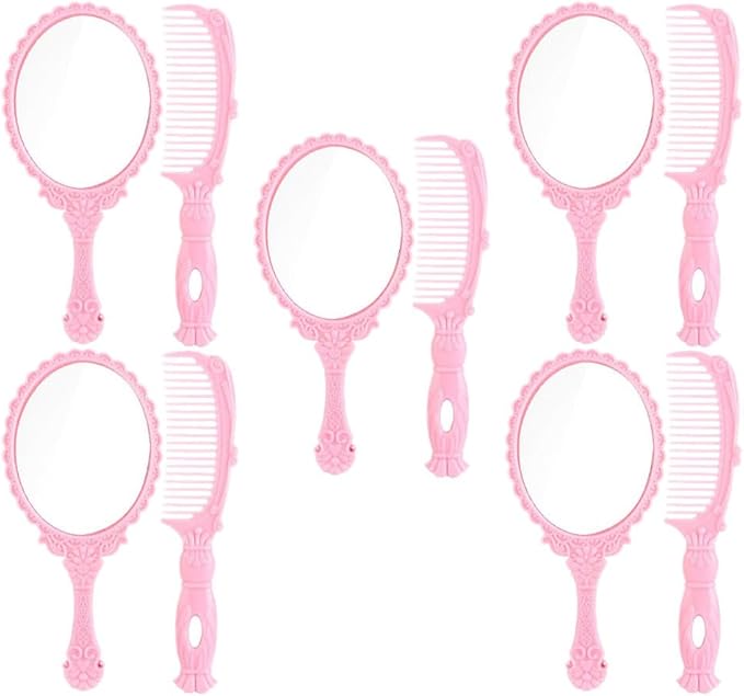 Lurrose 5 Sets Decorative Hand Mirror Vintage Vanity Makeup Mirror Handhold Hair Brush Comb Travel Makeup Tools Gift for Women Girls (Random Color)
