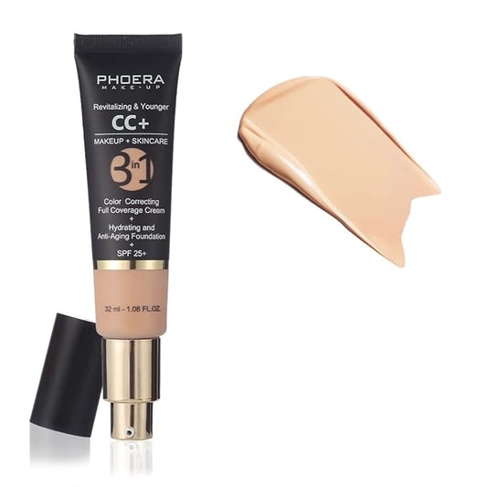 PHOERA Anti-Aging Color Correcting Full Coverage Cream Foundation SPF 25+ Revitalizing & Younger infused Concealer with Vitamins For dark circles, acne scars, wrinkles & redness. (120 Nude)