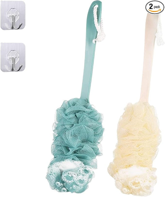 2-Piece Set of Back Brush Scrub Shower Scarves, Long Handled Shower Brushes, Shower Body Brushes with Shower Net Sponge Soft Mesh, Used for Exfoliating and Removing Dead Skin (Green and Beige)
