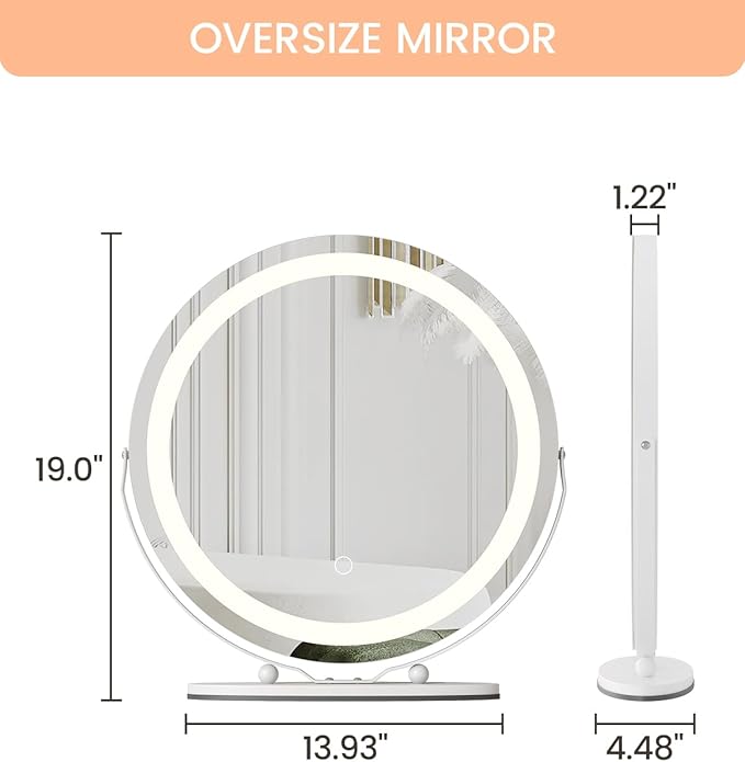 19 Inch Vanity Mirror with Lights, Round Large LED Vanity Mirror with Smart Touch 3 Colors Dimmable, Touch Lighting, 360° Rotation for Dressing Room and Bedroom Tabletop, Easy Assembly(white)