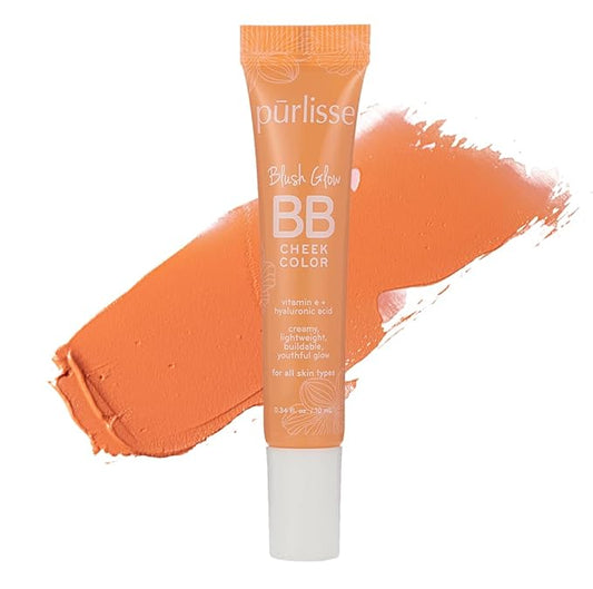 pürlisse Blush Glow BB Cheek Color - Dewy Liquid Blush for Cheeks - Enriched with Vitamin E & Hyaluronic Acid - Creamy, Lightweight & Buildable - Hydrating & Nourishing - Malibu Peach (0.34 Fl oz)