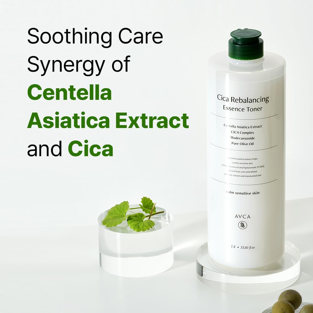 AVCA CICA Rebalancing Essence Facial Toner - Korean Toner with Centella Asiatica for Hydrating & Soothing, ph5.5 Trouble Care, Korean Skin Care (1L/33.8fl.oz.)
