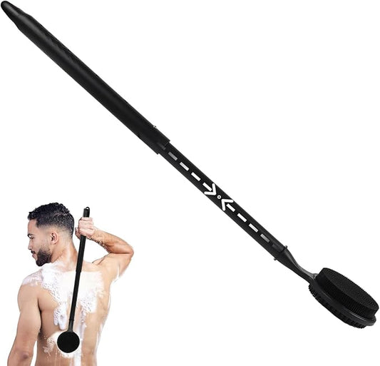 Silicone Back Scrubber for Shower - Adjustable Extendable (40-60 cm / 15.7"-23.6") Long Handle Body Brush with Foam-Generating Dual-Sided Heads for Men & Relaxing Massage Exfoliation