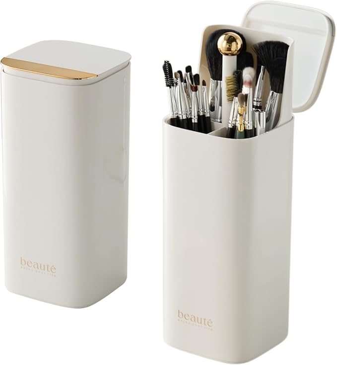 Makeup Brush Holder with Lid,One Touch Open 4 Slot Makeup Brush Case with Waterproof Dustproof,Brushes Storage Holder for Vanity, Dresser, Desk (White)