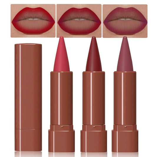 3Pcs Matte Lip Crayon Lip Liner and Lipstick Combo Sets, Gradient Matte Lip Bar Lipstick And Lip Liner Set, Contour Gradual Ombre Effect Lip Pencil For Old Women, Long Lasting Waterproof Smudge Proof