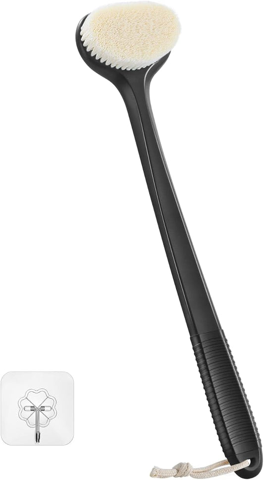 Back Scrubber for Shower with 17" Long Handle, Non-Slip Grip Shower Brush, Moderate Bristles Body Brush for Gentle Exfoliation, Back Brush for Shower Men & Women – Black