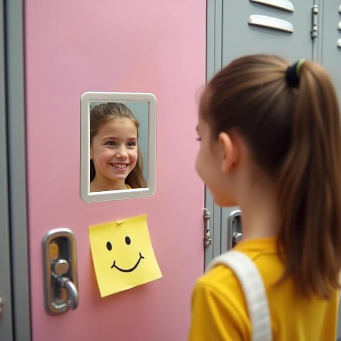 Magnetic locker mirror, 5"x7", small rectangular mirror for the back of locker doors, suitable for school lockers, work lockers, home refrigerators, magnetic whiteboards, locker accessories (Pink)