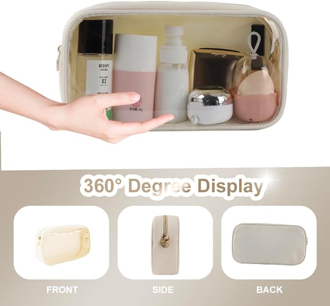Medium Preppy Transparent Makeup Pouch Women Travel Clear TPU and Nylon Cosmetic Pouch (Medium, Beige)