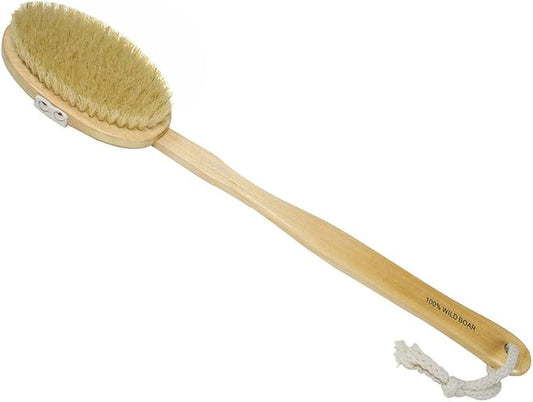 Natural Wood Bath & Body Brush with Long Handle - 100% Wild Boar Bristle