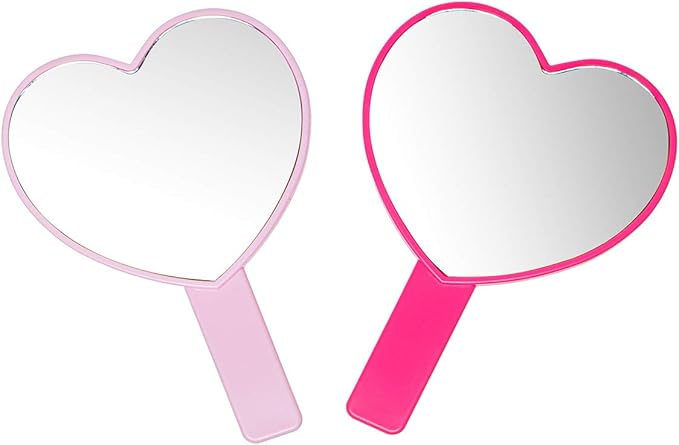 2PCS Heart-Shaped Makeup Hand Mirror,Travel Handheld Mirror Portable Personal Cosmetic Mirror with Handle (Pink and Rose red)