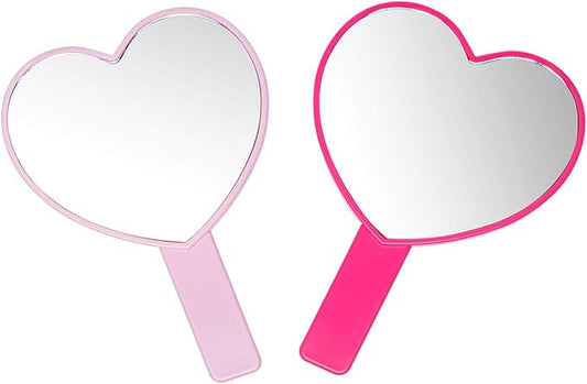 2PCS Heart-Shaped Makeup Hand Mirror,Travel Handheld Mirror Portable Personal Cosmetic Mirror with Handle (Pink and Rose red)
