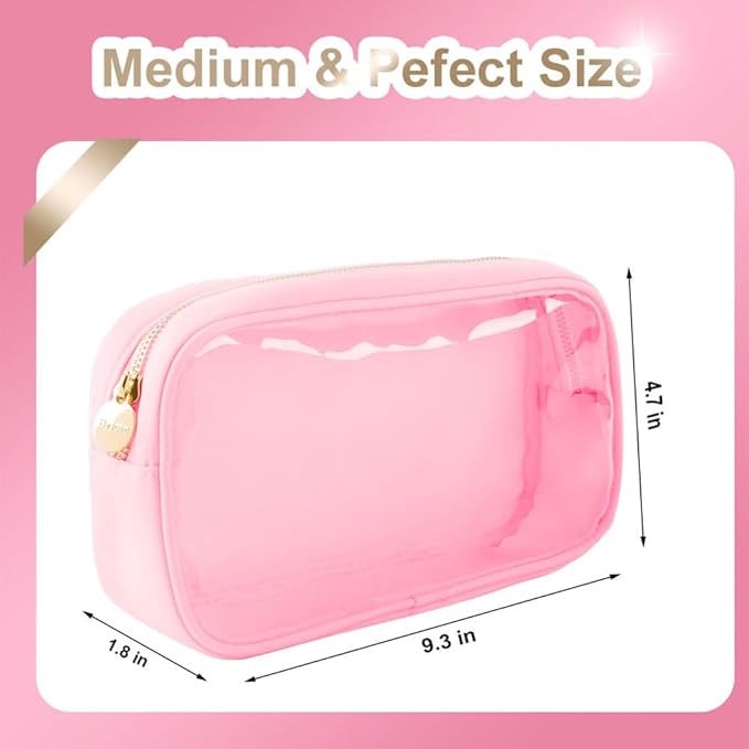 Medium Preppy Transparent Makeup Pouch Women Travel Clear TPU and Nylon Cosmetic Pouch (Medium, Pink)