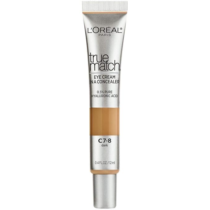 L’Oréal Paris True Match Eye Cream in a Concealer, 0.5% hyaluronic acid, Dark C7-8, 0.4 fl. oz.