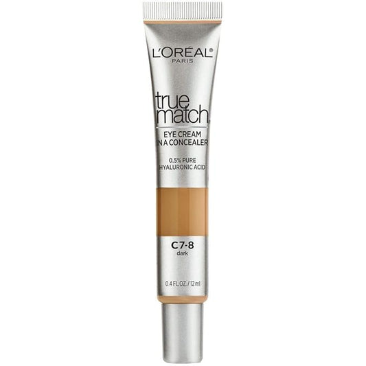 L’Oréal Paris True Match Eye Cream in a Concealer, 0.5% hyaluronic acid, Dark C7-8, 0.4 fl. oz.