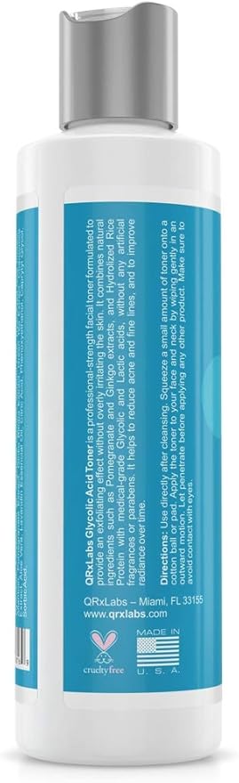 QRxLabs Glycolic Acid Toner – Exfoliating 10% AHA Toning Solution with Witch Hazel, Pomegranate & Ginkgo Extracts – Helps Remove Impurities & Visibly Improve Skin Tone and Texture