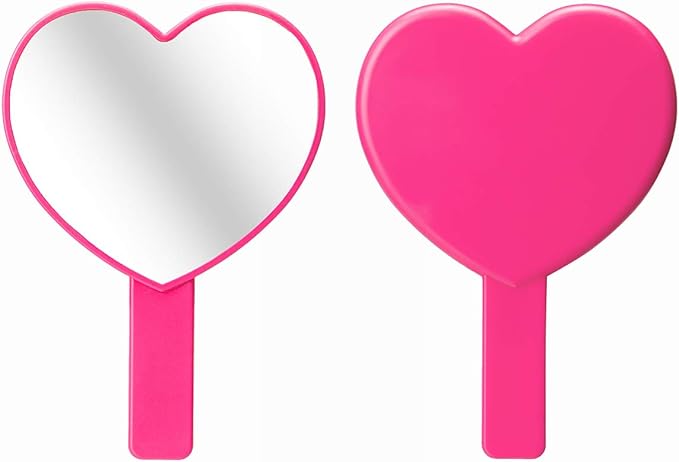 2PCS Heart-Shaped Makeup Hand Mirror,Travel Handheld Mirror Portable Personal Cosmetic Mirror with Handle (Rose red)