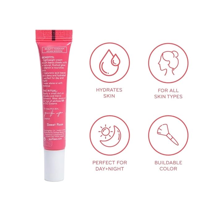 pürlisse Blush Glow BB Cheek Color - Dewy Liquid Blush for Cheeks - Enriched with Vitamin E & Hyaluronic Acid - Creamy, Lightweight & Buildable - Hydrating & Nourishing - Pretty Plum (0.34 Fl oz)