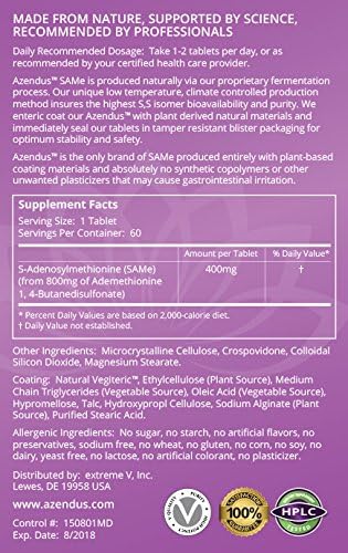 Azendus SAM-e Mood Support 400mg, 60 Count, Same Butanedisulfonate Fiber Enteric Coated Tablets