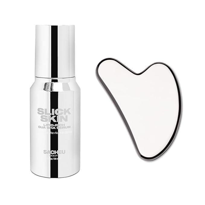 Sacheu Gua Sha Starter Kit with Slick Skin Oil — Face Gua Sha for Enhanced Lymphatic Drainage, Reduced Puffiness and Relieved Facial Tension — Metal Face Sculpting Tool With Travel Pouch