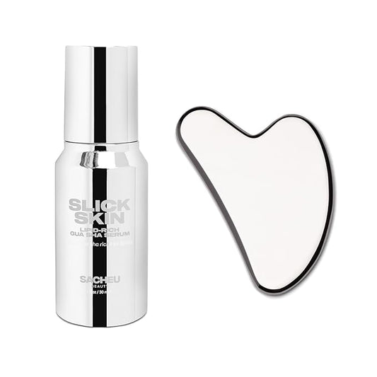 Sacheu Gua Sha Starter Kit with Slick Skin Oil — Face Gua Sha for Enhanced Lymphatic Drainage, Reduced Puffiness and Relieved Facial Tension — Metal Face Sculpting Tool With Travel Pouch