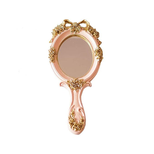 Vintage Hand Held Mirror, Vanity Rose Gold Makeup Mirror, Compact Travel Handheld Mirros, Gift for Mom, Wife, Girl Friend, Pink