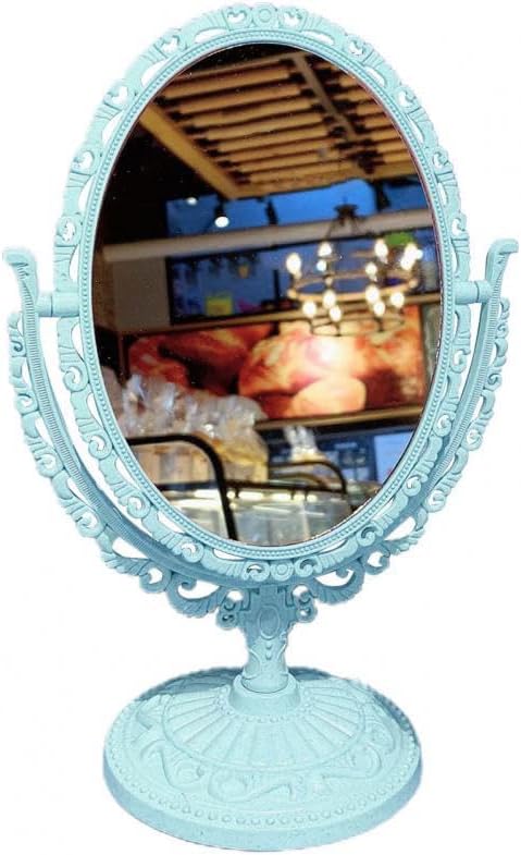 AKOAK 1 Pack Desktop Makeup Mirror, Oval Desk Makeup Mirror, Double-Sided 360-degree Rotating Makeup Mirror Bathroom Bedroom Makeup Mirror, Travel Mirror Suitable for Women (Blue)