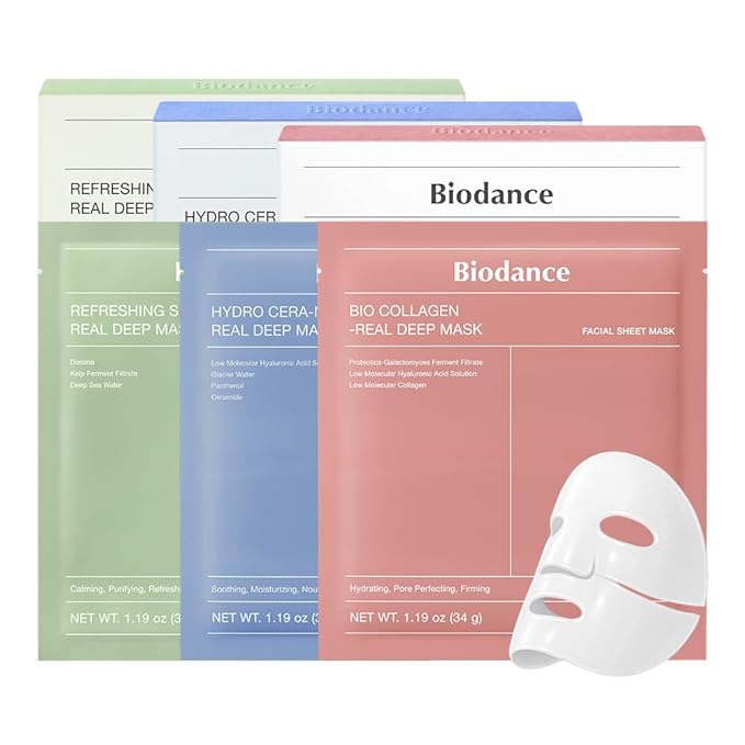 BIODANCE Total Solution Trio: Bio Collagen & Hydro Cera-nol & Refreshing Sea Kelp Real Deep Mask Experience Set, Firming, Hydrating, Claming Kit, Korean Skincare Set
