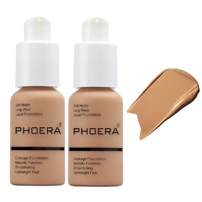 2 Pack PHOERA Foundation,Flawless Soft Matte Liquid Foundation 24 HR Oil Control Concealer Foundation Makeup,Full Coverage Foundation for Women and Girls (105 Sand)